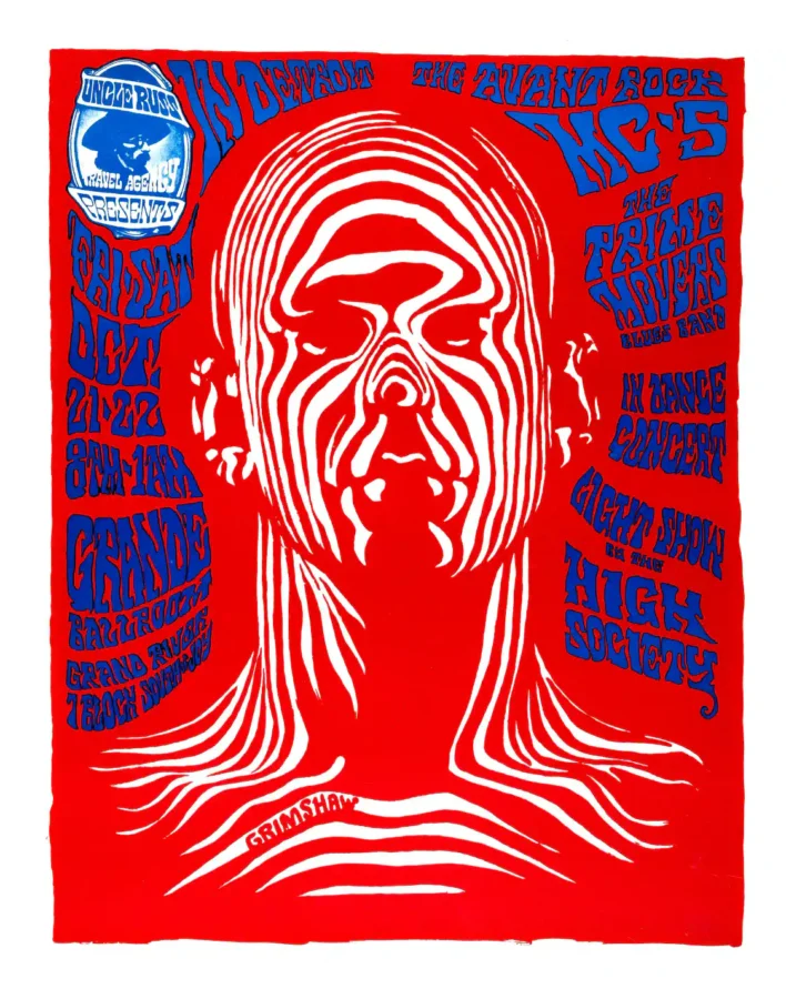 MC5 1966 Grande Ballroom, Detroit "Zebra Man" Concert Poster featuring white, red, and rose vertical artwork.