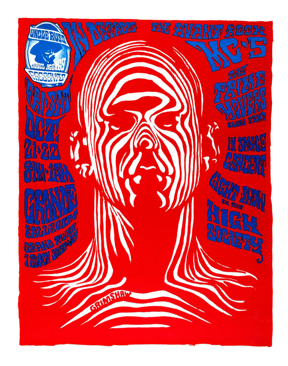 MC5 1966 Grande Ballroom, Detroit "Zebra Man" Concert Poster featuring white, red, and rose vertical artwork.