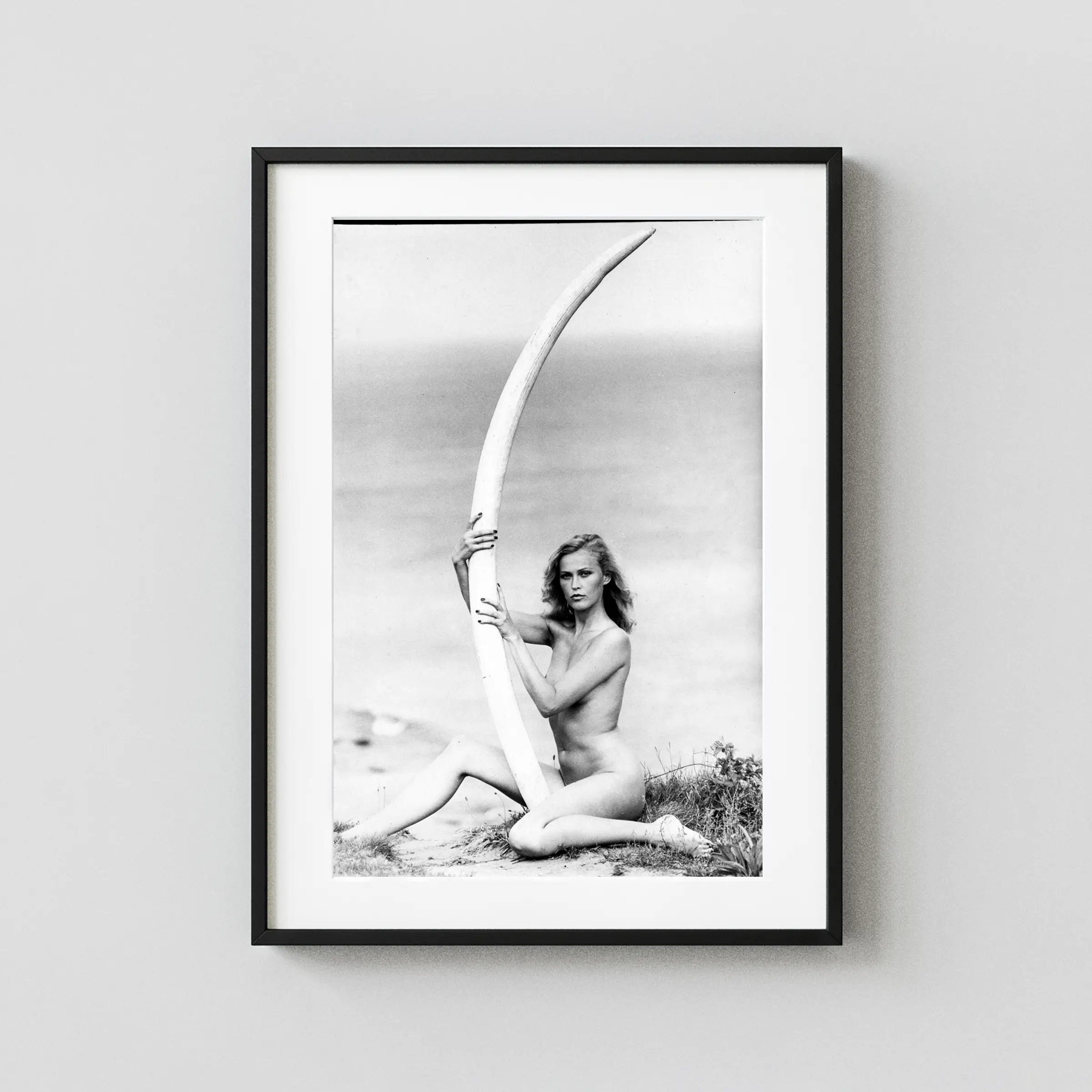 Margritte Ramme with Elephant Tusk, Montauk 1976 Nude displayed as a framed wall mockup