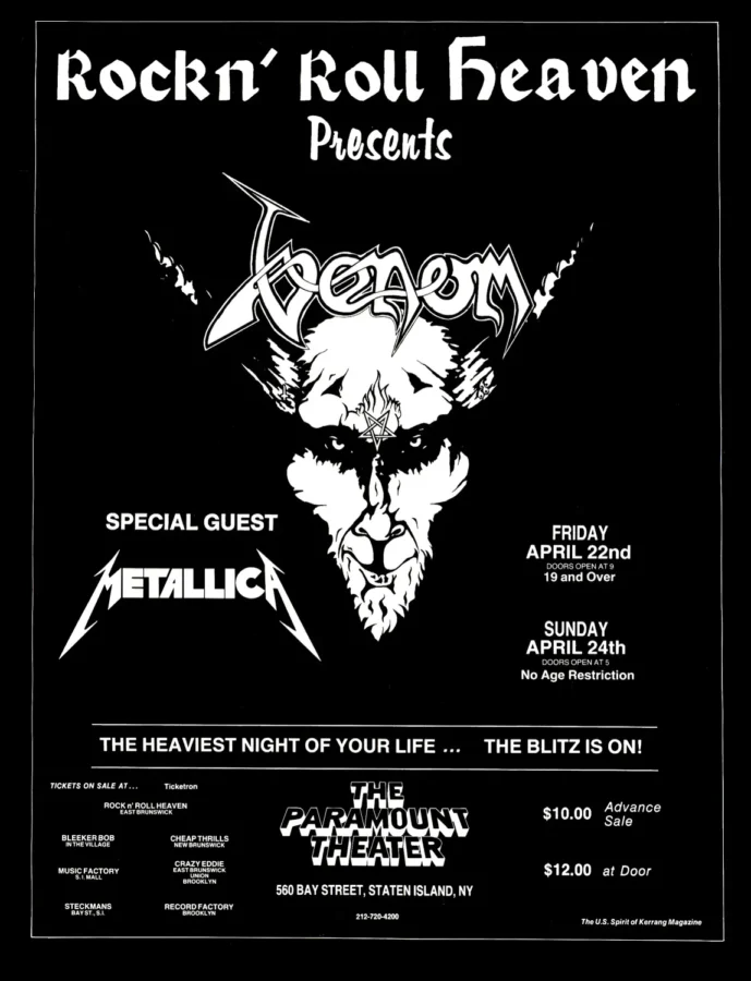 Metallica 1983 Staten Island, NY Concert Poster featuring black, white, and charcoal vertical artwork.