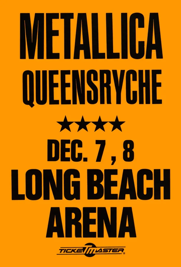 Metallica, Queensrÿche 1988 Long Beach, CA Concert Poster featuring yellow and black vertical artwork.