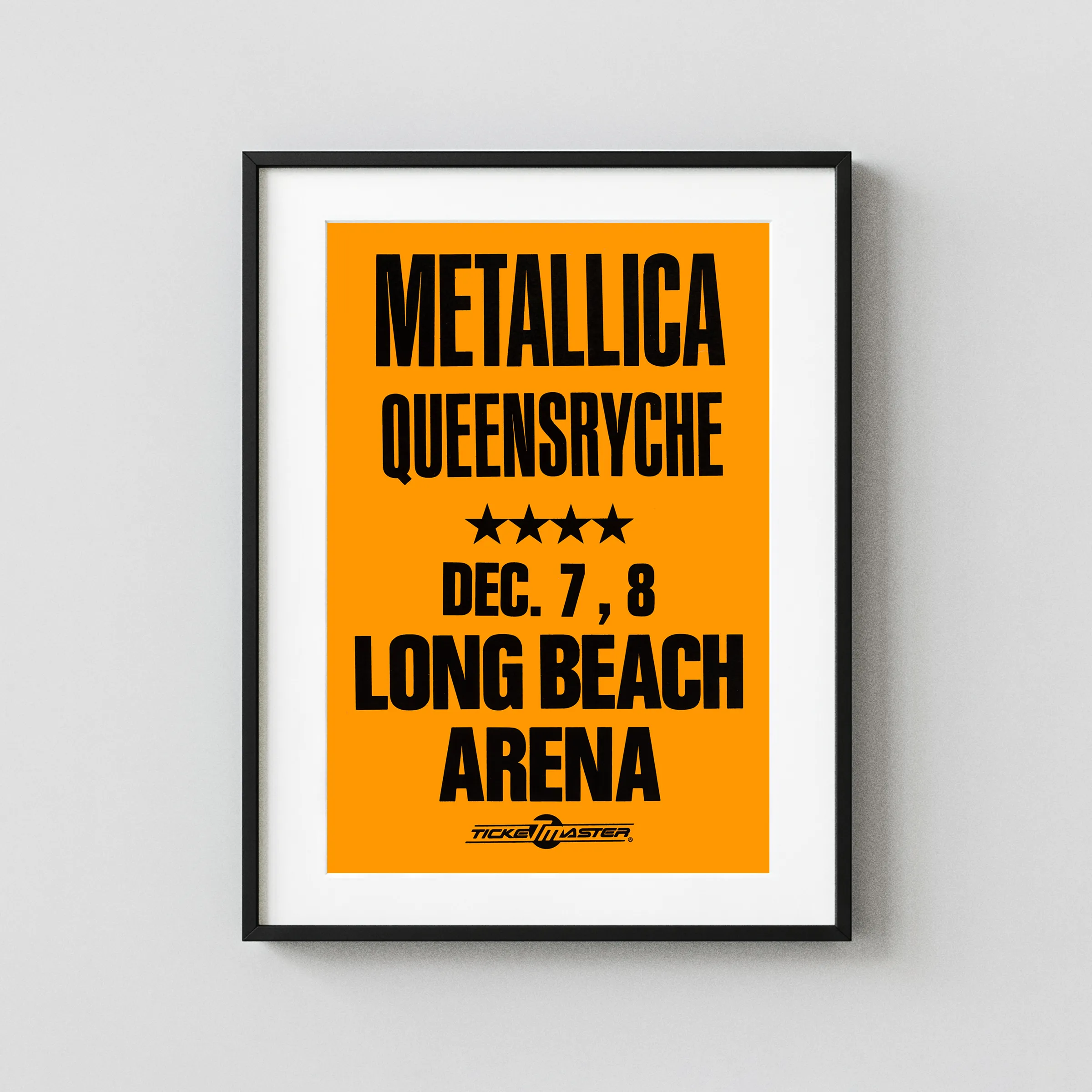 Metallica, Queensrÿche 1988 Long Beach, CA Concert Poster featuring yellow and black vertical artwork.