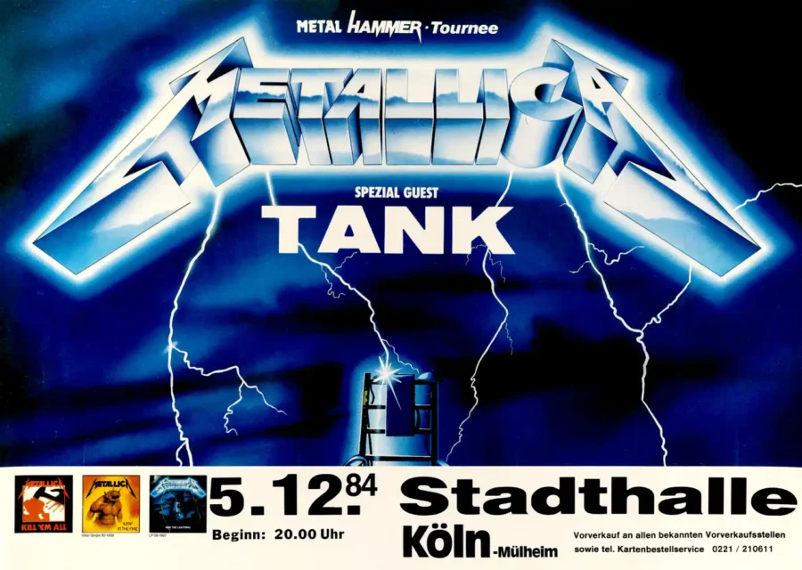 Metallica, Tank poster with white, light gray, and black artwork and period lettering.