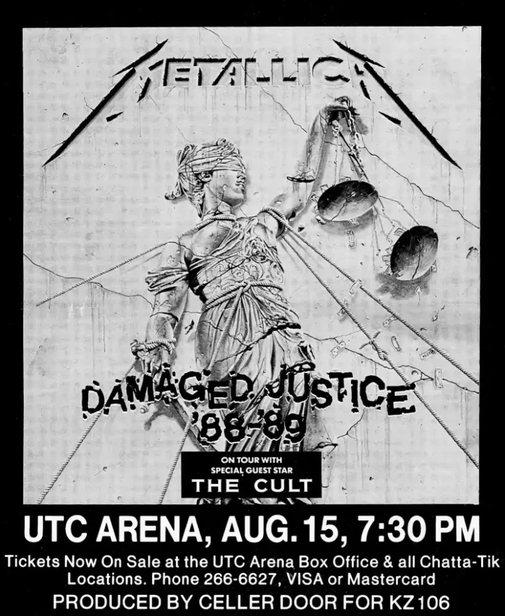 Metallica, the Cult 1989 Chattanooga, TN Concert Poster featuring light gray, gray, and black vertical artwork.
