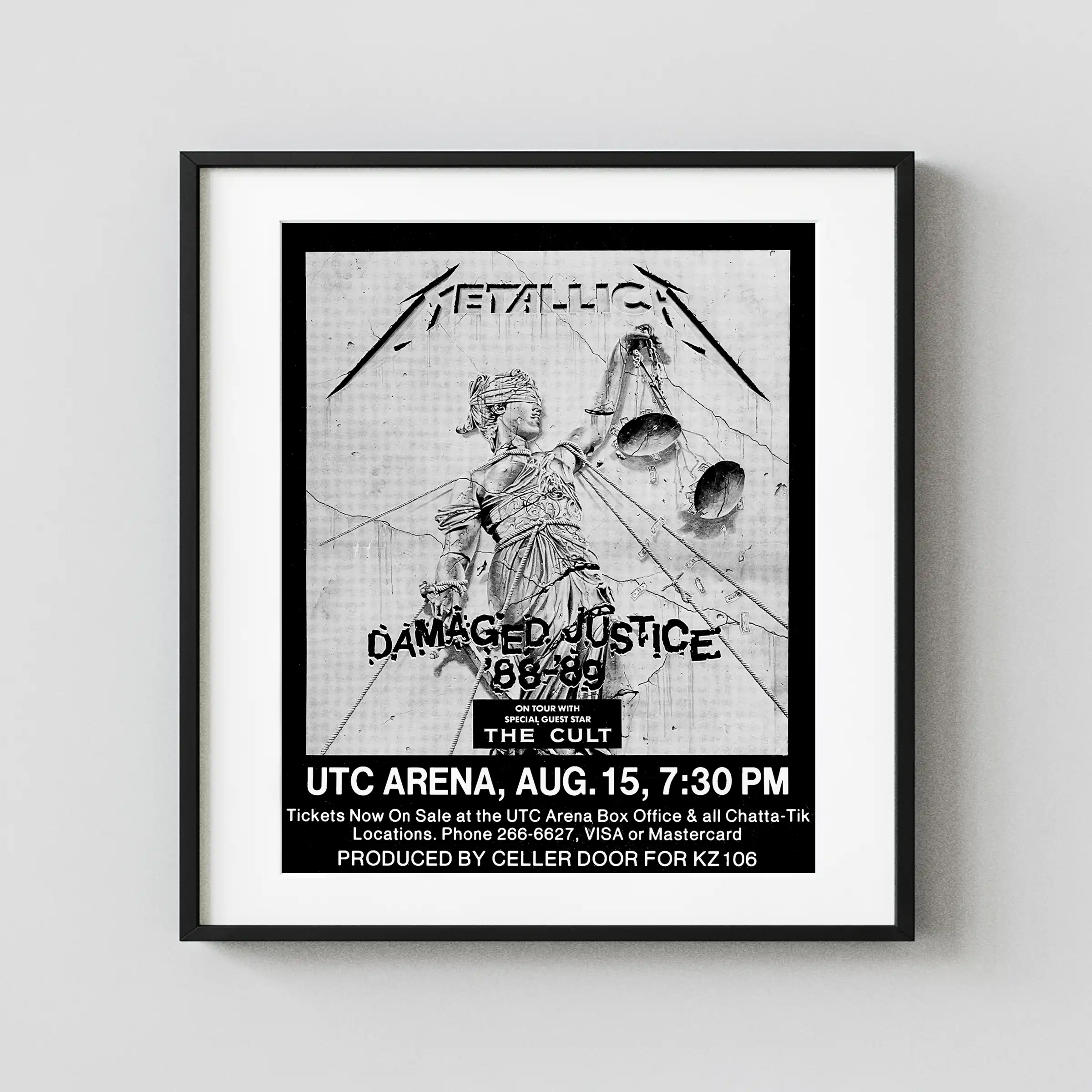 Metallica, the Cult 1989 Chattanooga, TN Concert Poster featuring light gray, gray, and black vertical artwork.