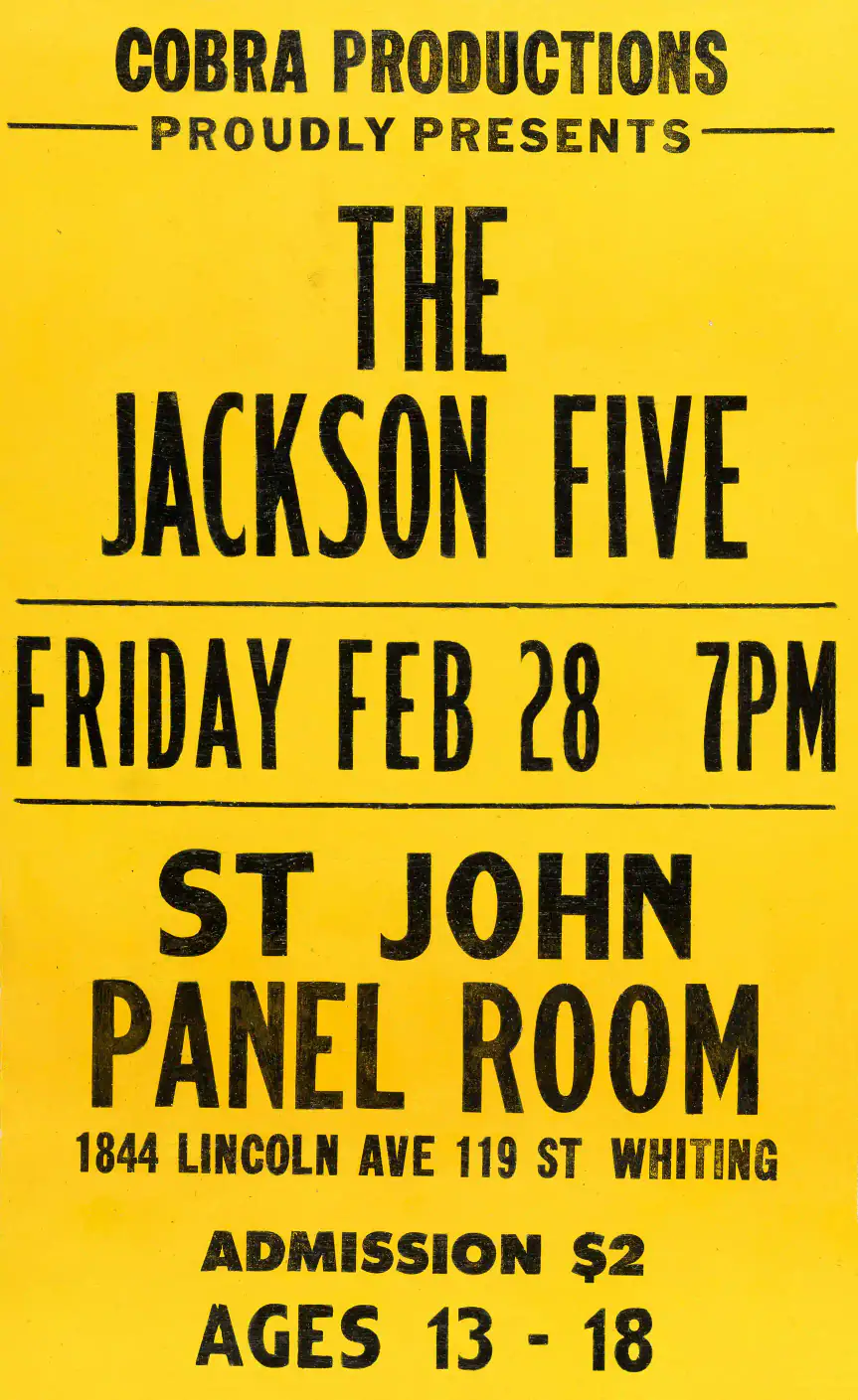 Michael Jackson, Jackson Five 1969 Concert Poster featuring yellow and charcoal vertical artwork.