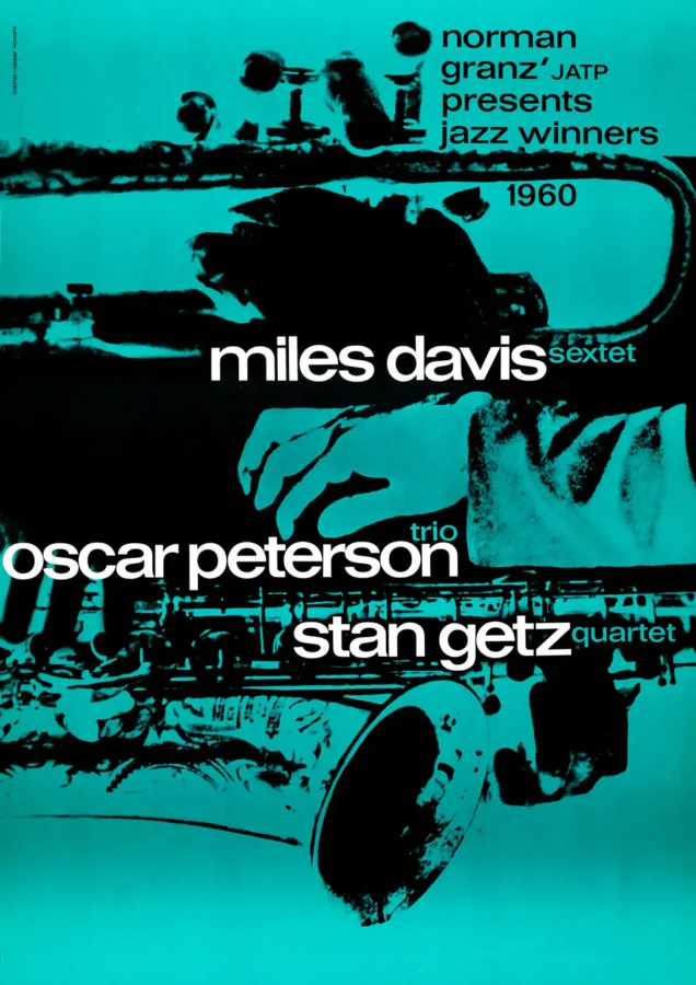 Miles Davis, Oscar Peterson 1960 German Tour-Blank Concert Poster featuring black and teal vertical artwork.