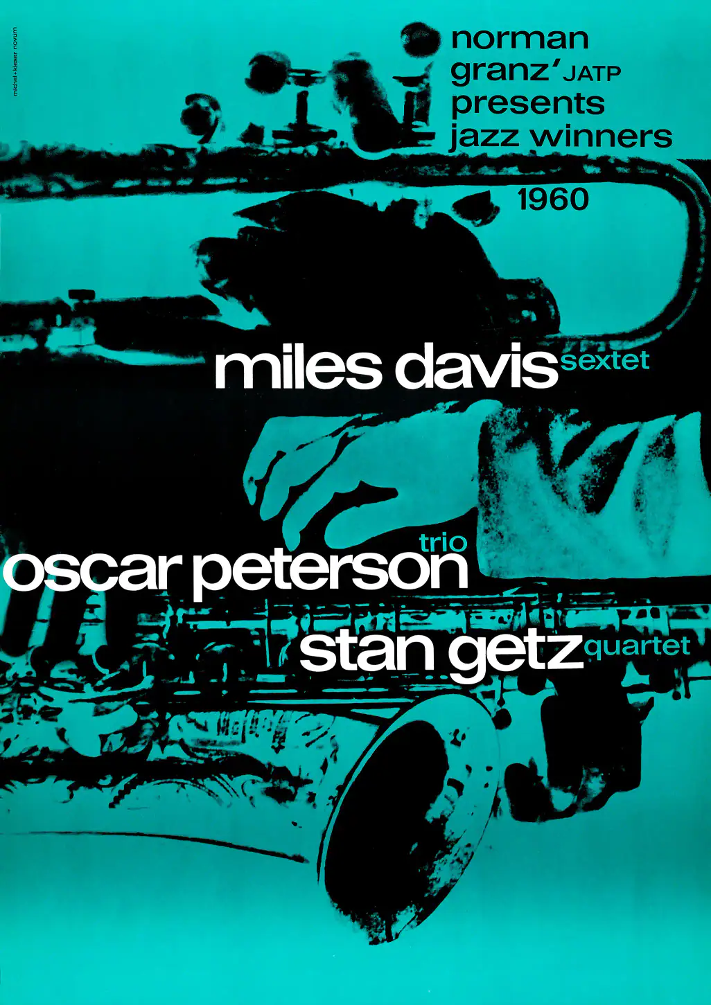 Miles Davis, Oscar Peterson 1960 German Tour-Blank Concert Poster featuring black and teal vertical artwork.