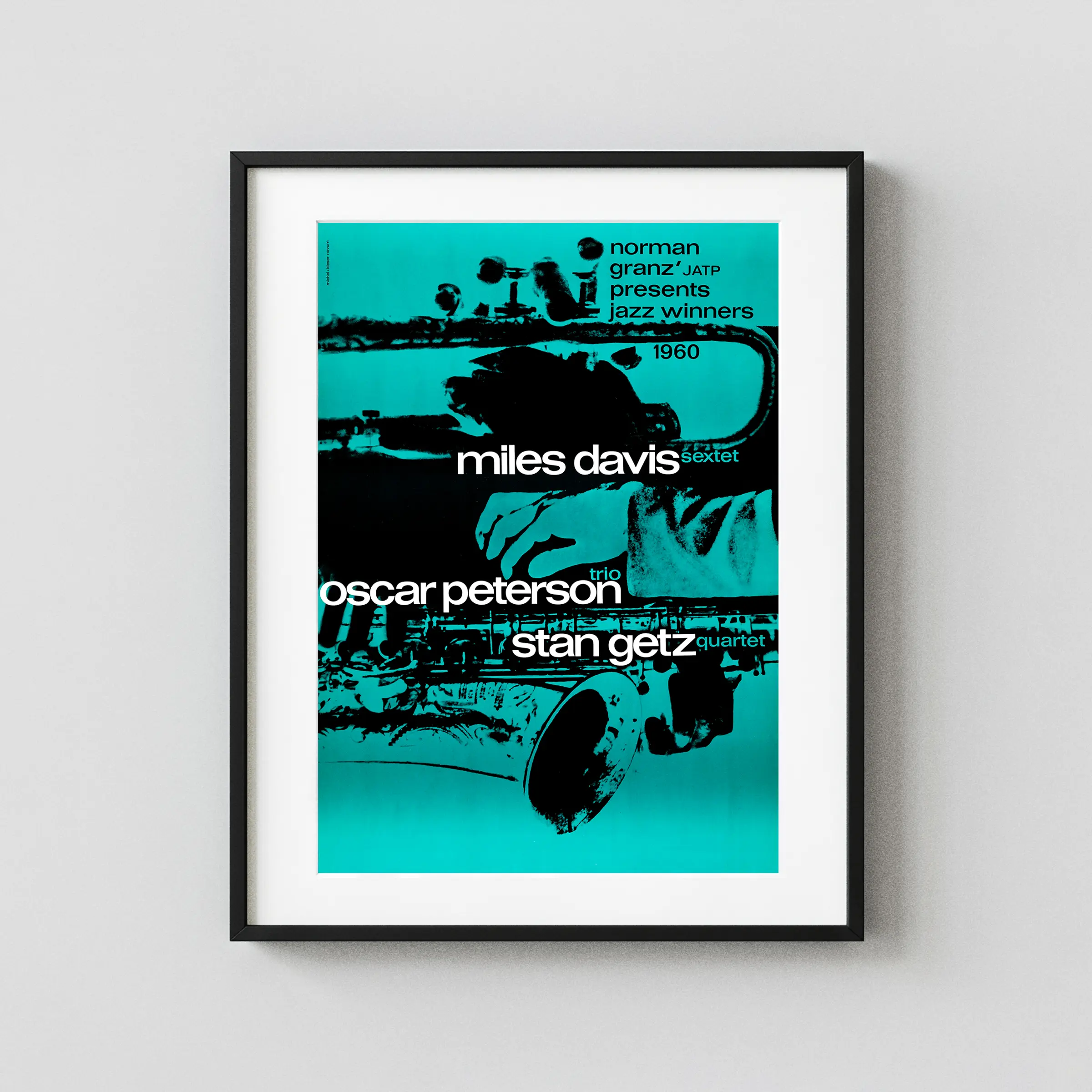 Miles Davis, Oscar Peterson 1960 German Tour-Blank Concert Poster featuring black and teal vertical artwork.