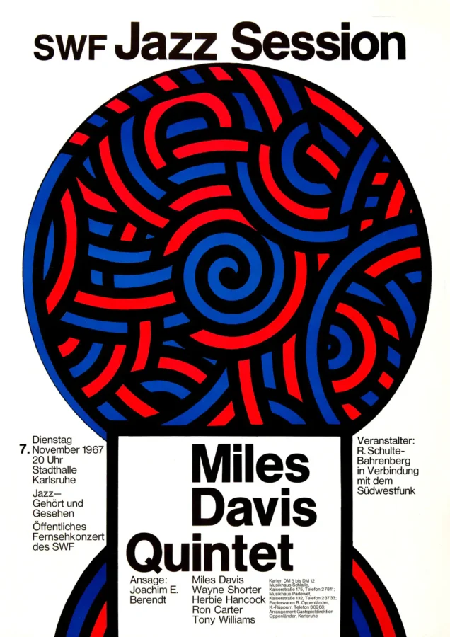 Miles Davis Quintet 1967 German Concert Poster featuring white, black, and light gray vertical artwork.