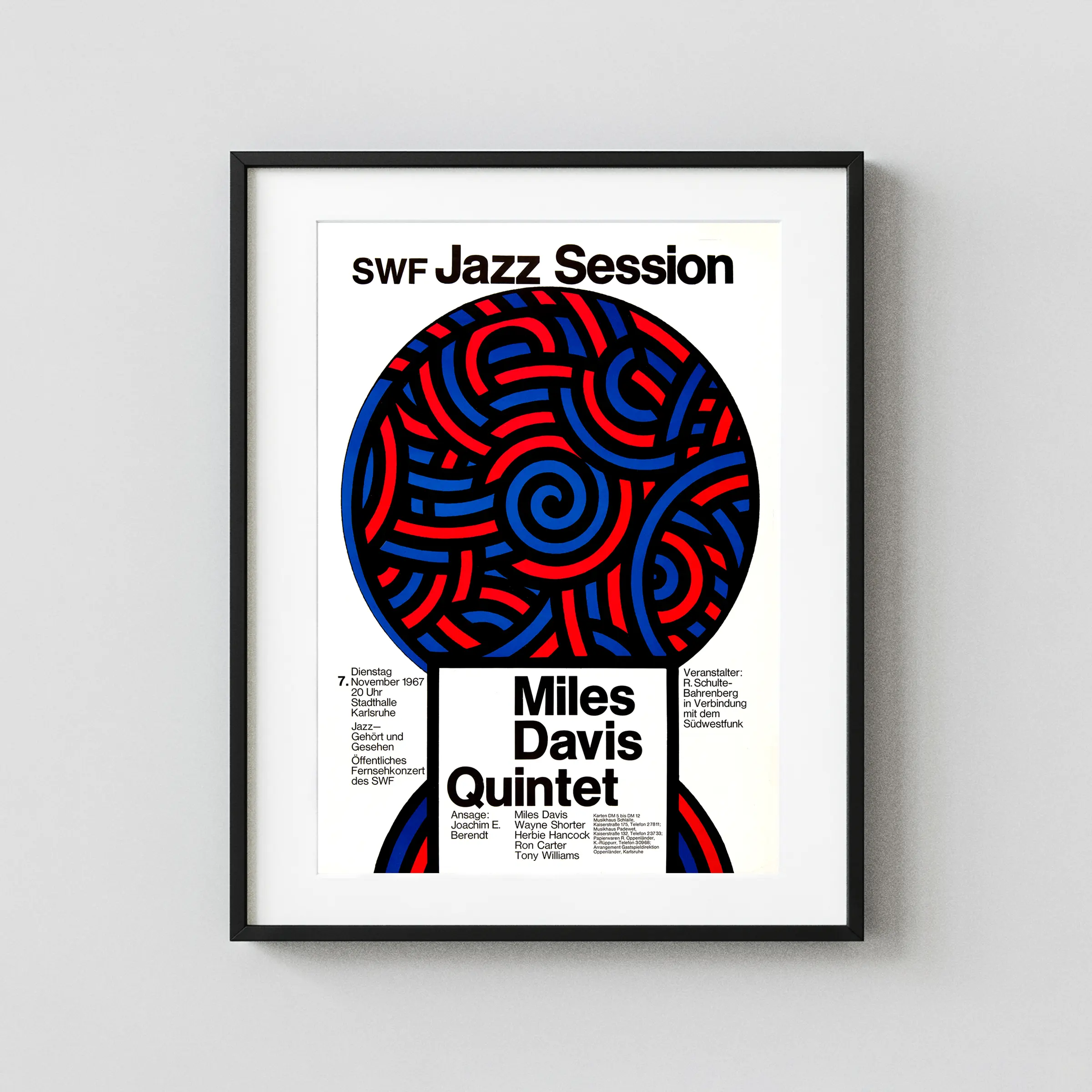 Miles Davis Quintet 1967 German Concert Poster featuring white, black, and light gray vertical artwork.
