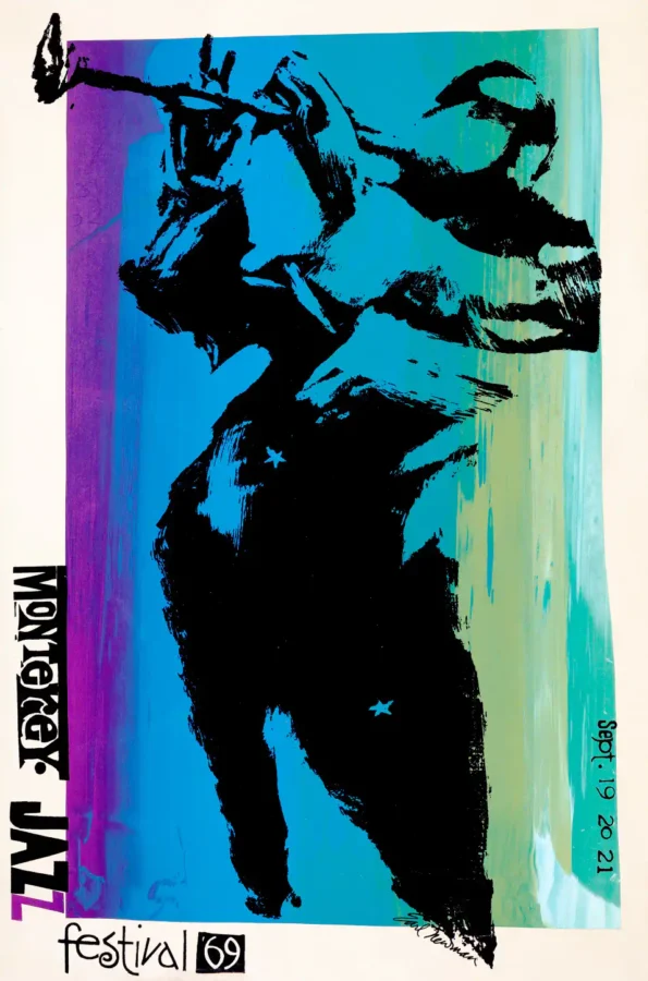 Monterey Jazz Festival poster with black, cream, and blue artwork and period lettering.