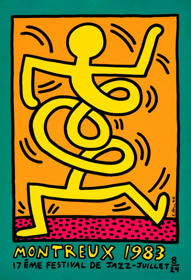 Montreux Jazz Festival 1983 Concert Poster by Keith Haring featuring orange, teal, and yellow vertical artwork.