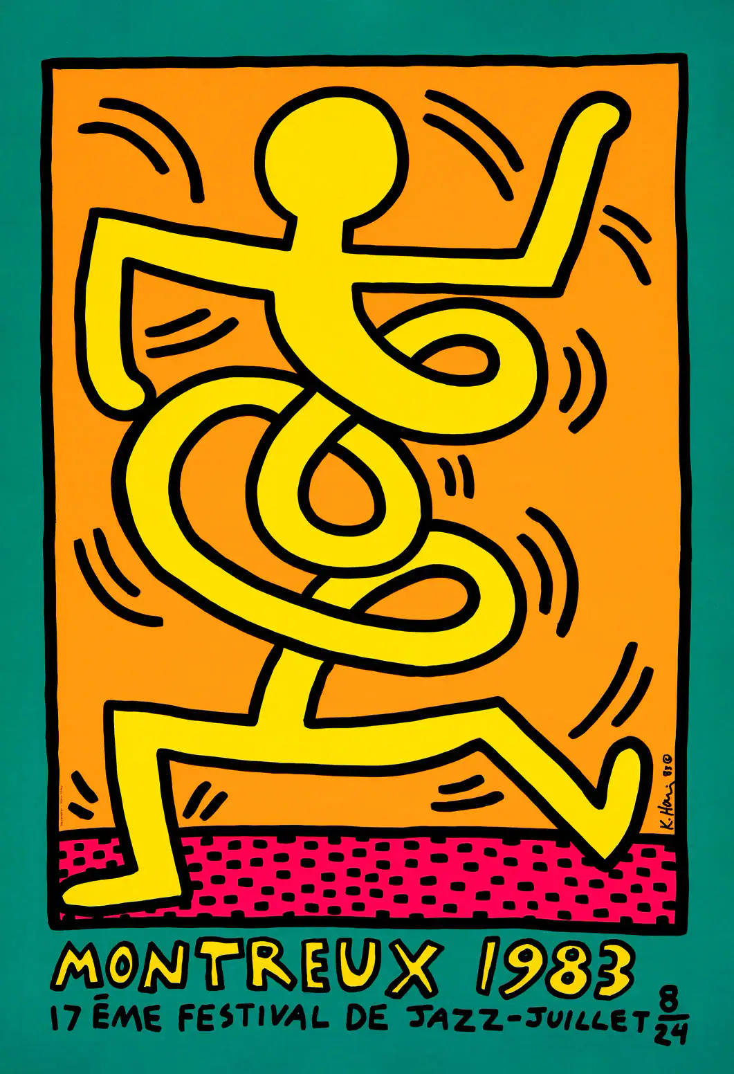 Montreux Jazz Festival 1983 Concert Poster by Keith Haring featuring orange, teal, and yellow vertical artwork.