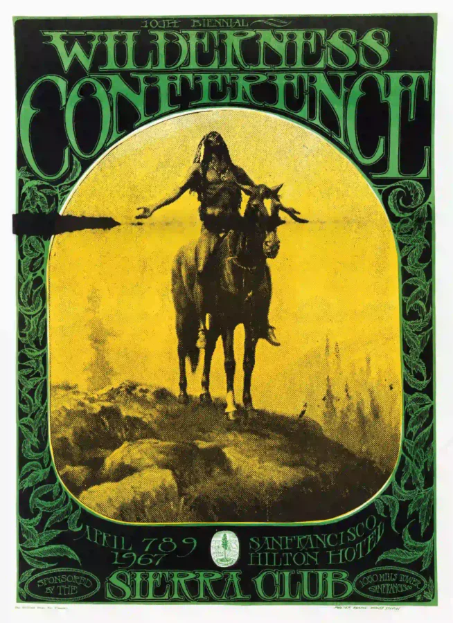 Mouse & Kelley 1967 10th Annual Biennial Wilderness Conference Poster featuring black, yellow, and white vertical artwork.