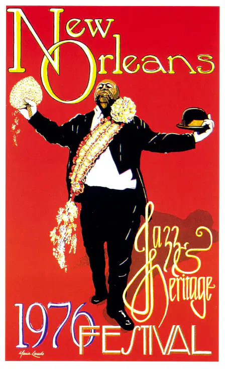 New Orleans Jazz Heritage Festival 1976 Music Poster featuring red, black, and white vertical artwork.