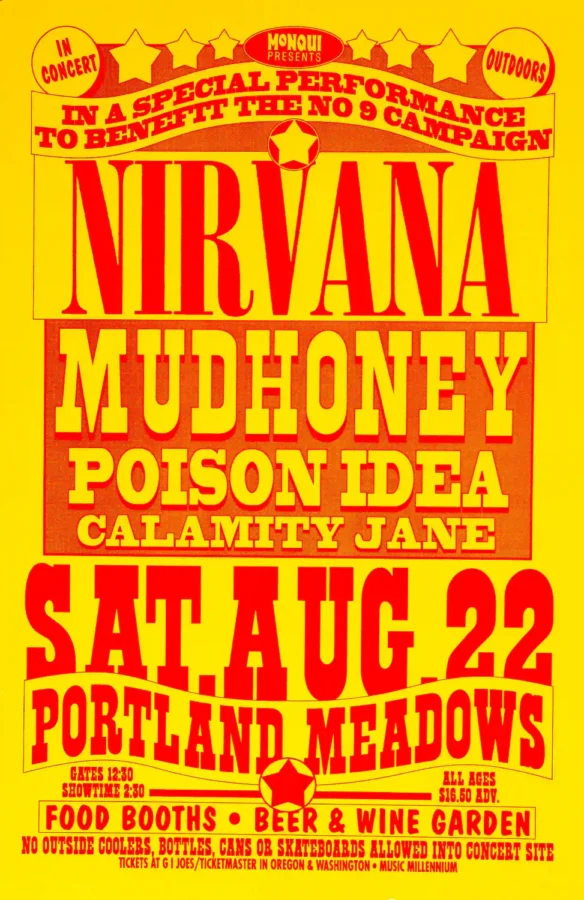 Nirvana 1992 Portland Meadows Concert Poster featuring yellow, orange, and red vertical artwork.