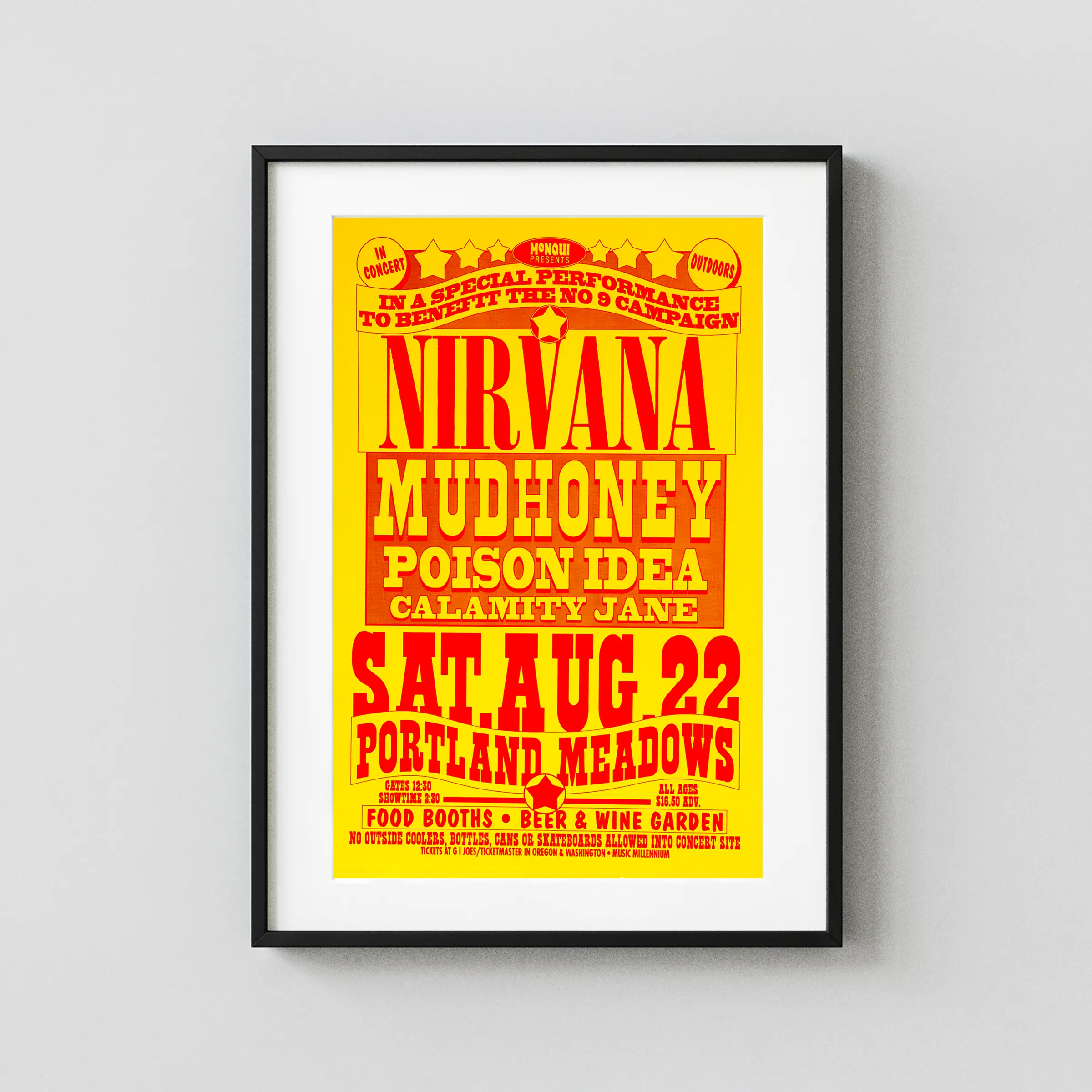 Nirvana 1992 Portland Meadows Concert Poster featuring yellow, orange, and red vertical artwork.