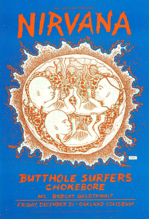 Nirvana 1993 in Utero Era Oakland, CA Concert Poster featuring blue, white, and orange vertical artwork.