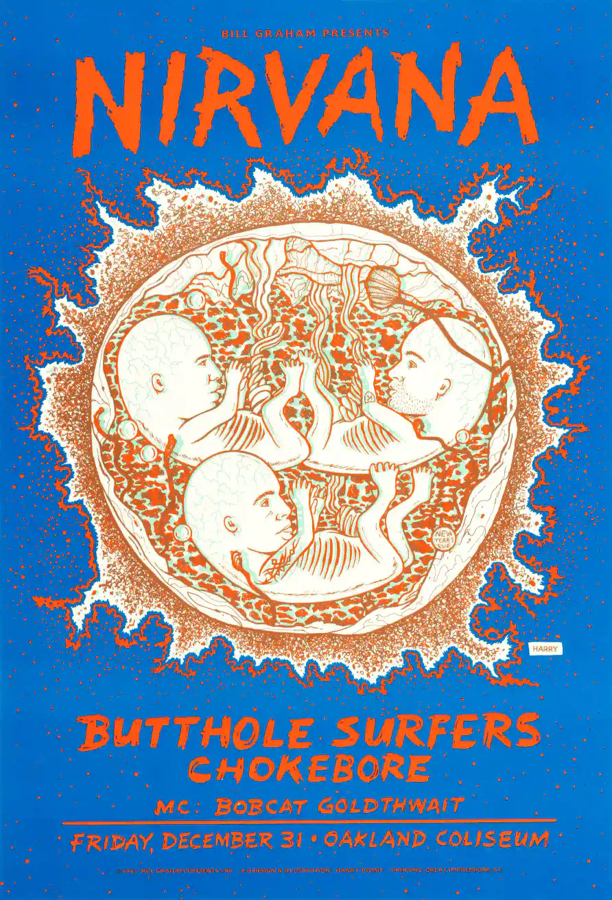 Nirvana 1993 in Utero Era Oakland, CA Concert Poster featuring blue, white, and orange vertical artwork.