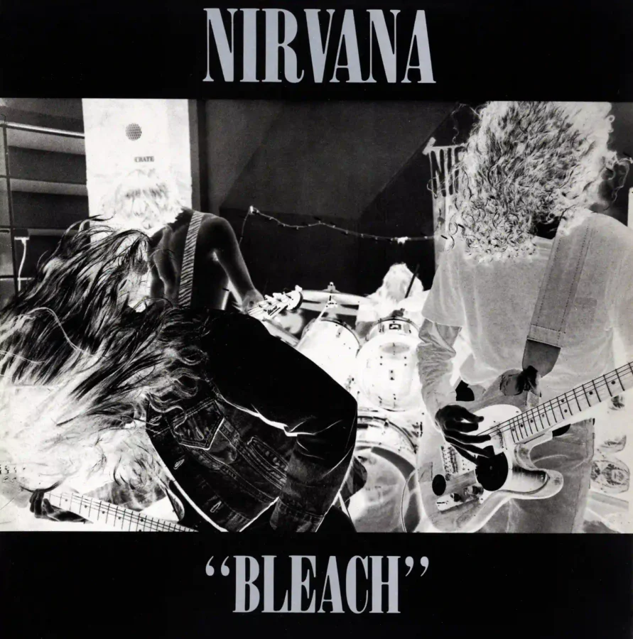 Nirvana Bleach Pressing White LP Vinyl Record Music Poster featuring black, white, and charcoal vertical artwork.