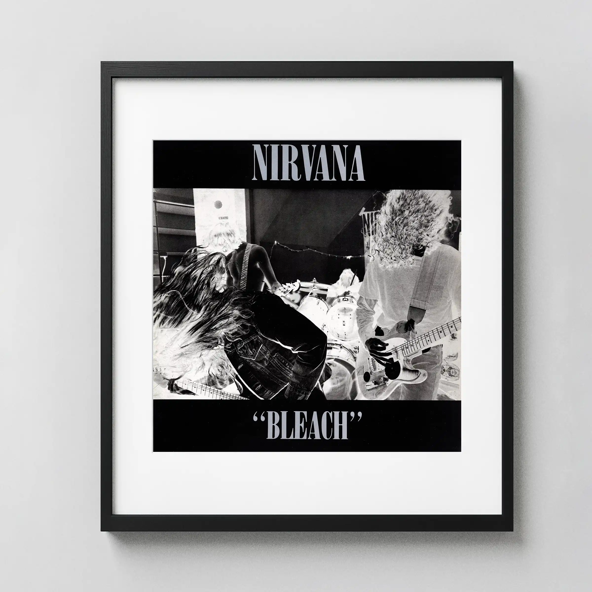 Nirvana Bleach Pressing White LP Vinyl Record Music Poster featuring black, white, and charcoal vertical artwork.