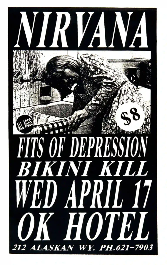 Nirvana, Fitz of Depression, Bikini Kill 1991 OK Hotel Concert Poster featuring white, black, and charcoal vertical artwork.