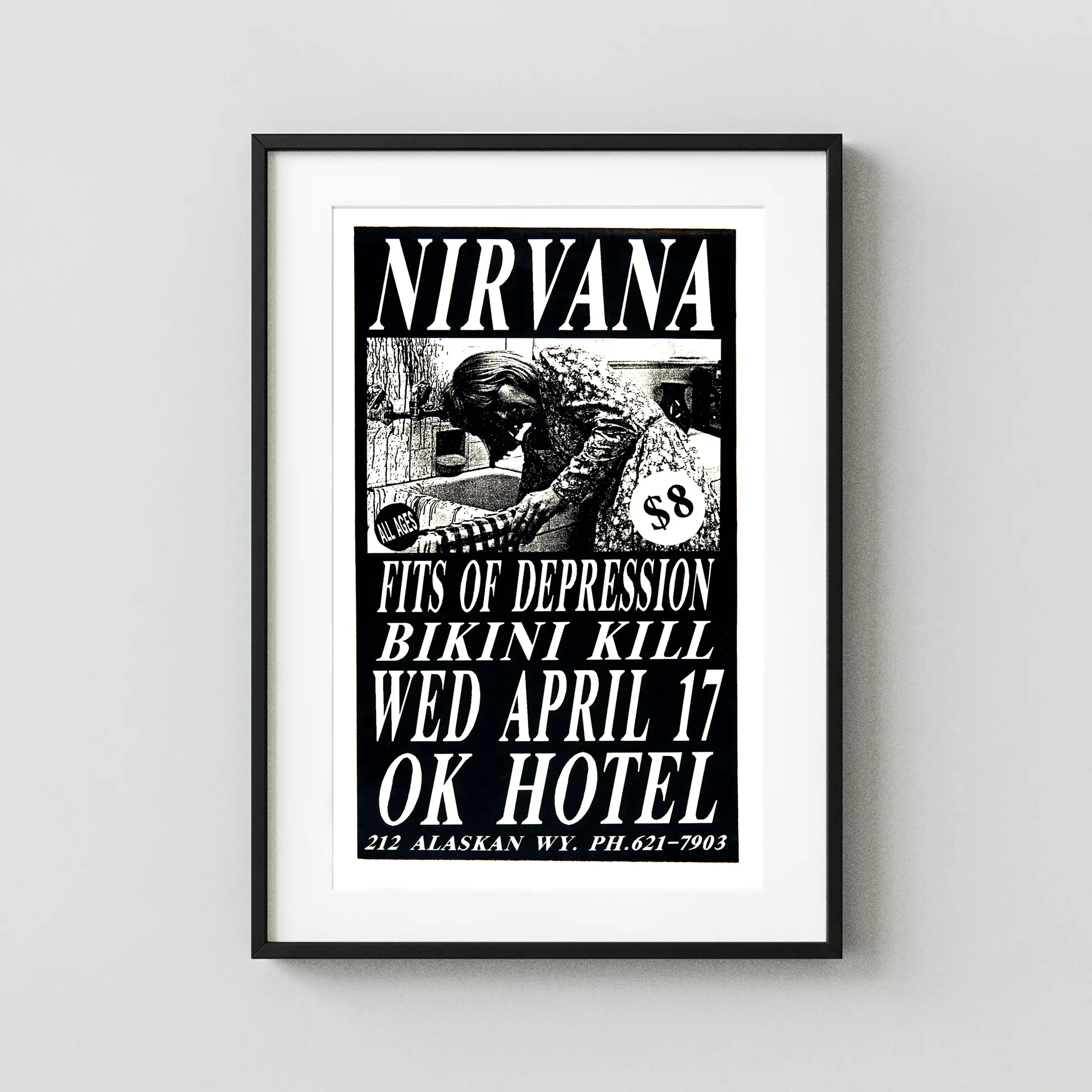 Nirvana, Fitz of Depression, Bikini Kill 1991 OK Hotel Concert Poster featuring white, black, and charcoal vertical artwork.