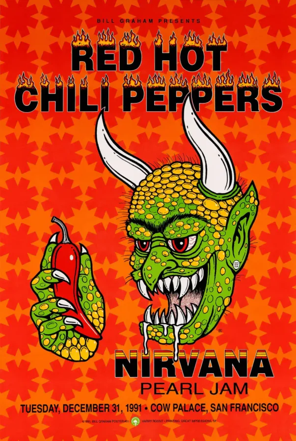 Nirvana, Pearl Jam, Red Hot Chili Peppers 1991 San Francisco Poster featuring red, white, and yellow vertical artwork.