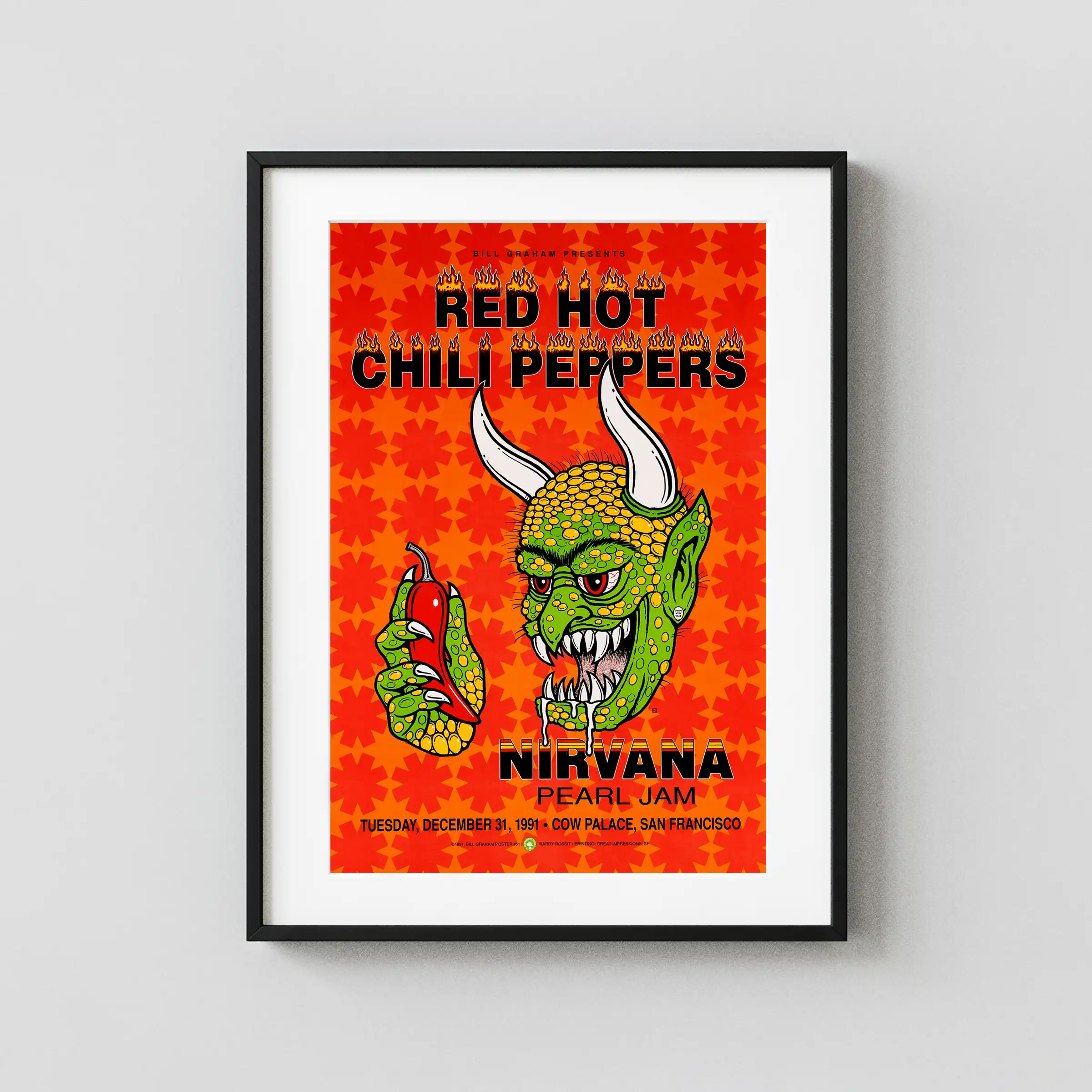 Nirvana, Pearl Jam, Red Hot Chili Peppers 1991 San Francisco Poster featuring red, white, and yellow vertical artwork.