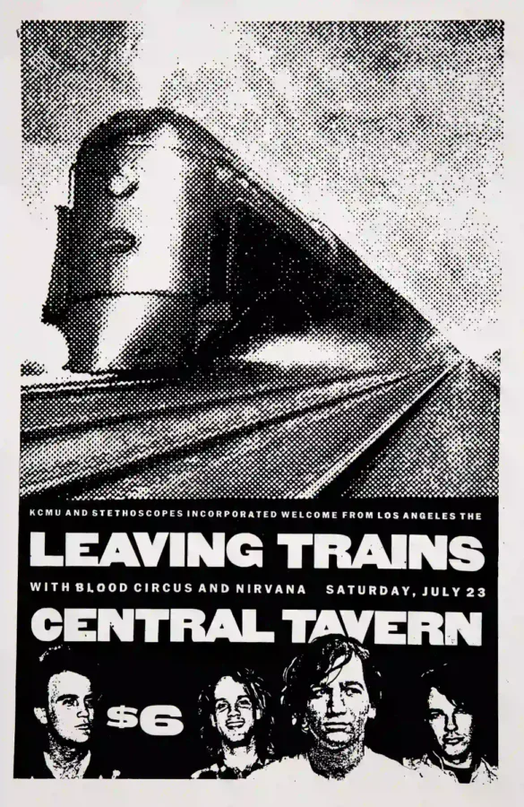 Nirvana, Leaving Trains, Blood Circus, Central poster with light gray, black, and gray artwork and period lettering.