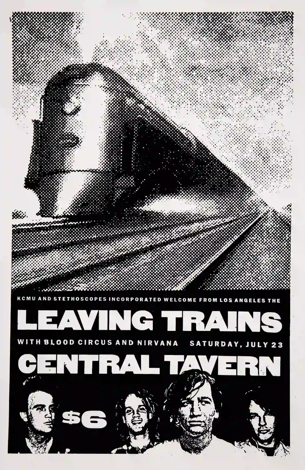 Nirvana, Leaving Trains, Blood Circus, Central poster with light gray, black, and gray artwork and period lettering.