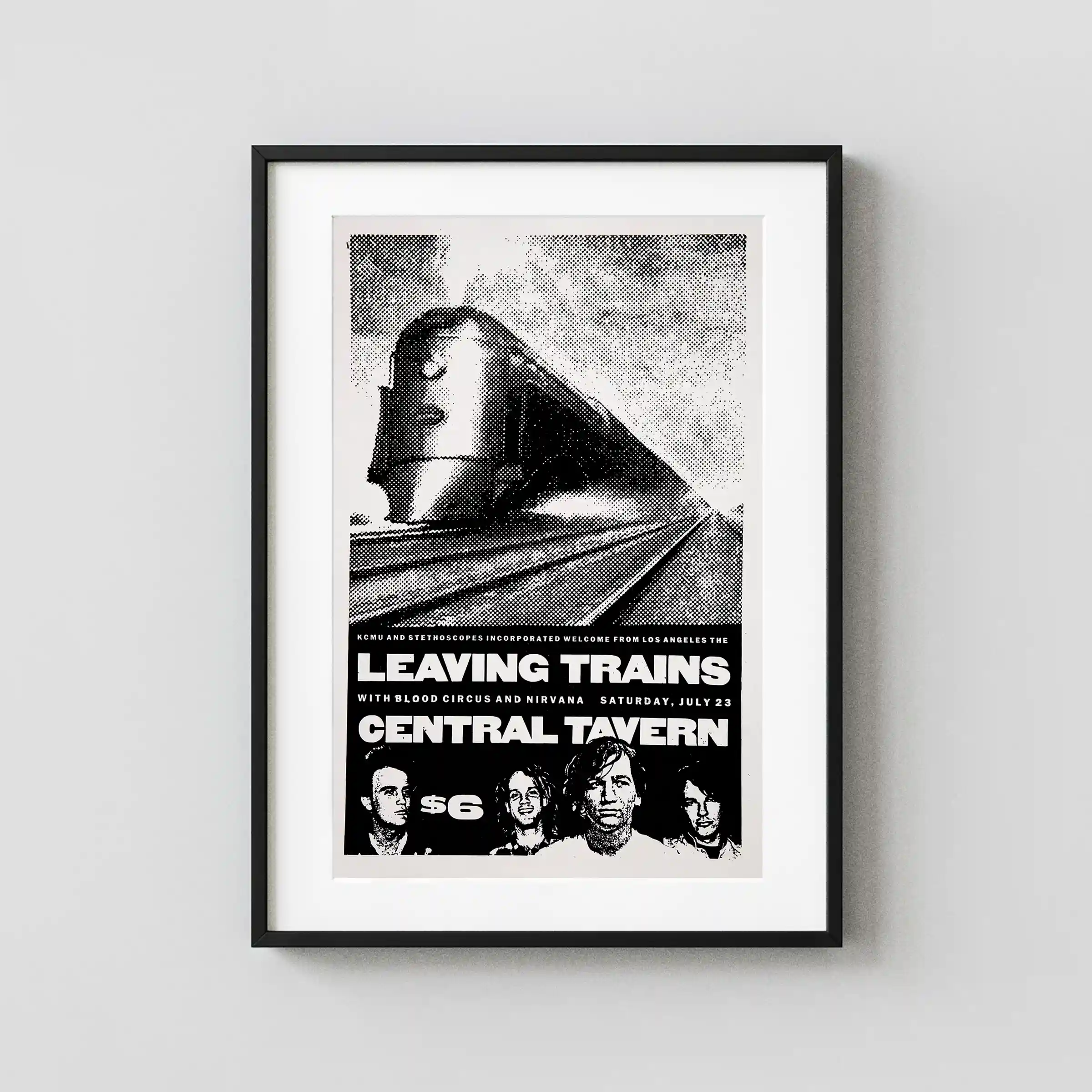Nirvana, Leaving Trains, Blood Circus, Central poster with light gray, black, and gray artwork and period lettering.