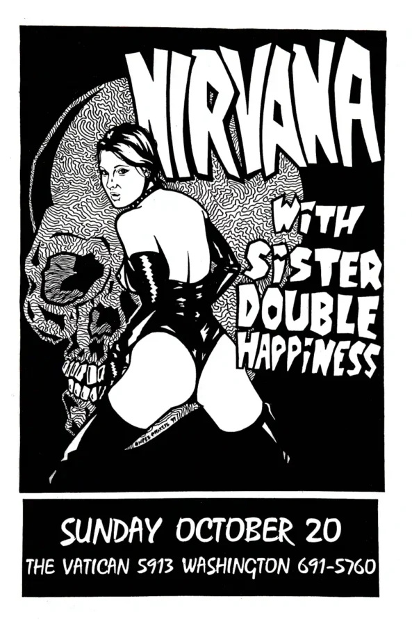 Nirvana, Sister Double Happiness Concert Poster (1991) featuring white, black, and gray vertical artwork.