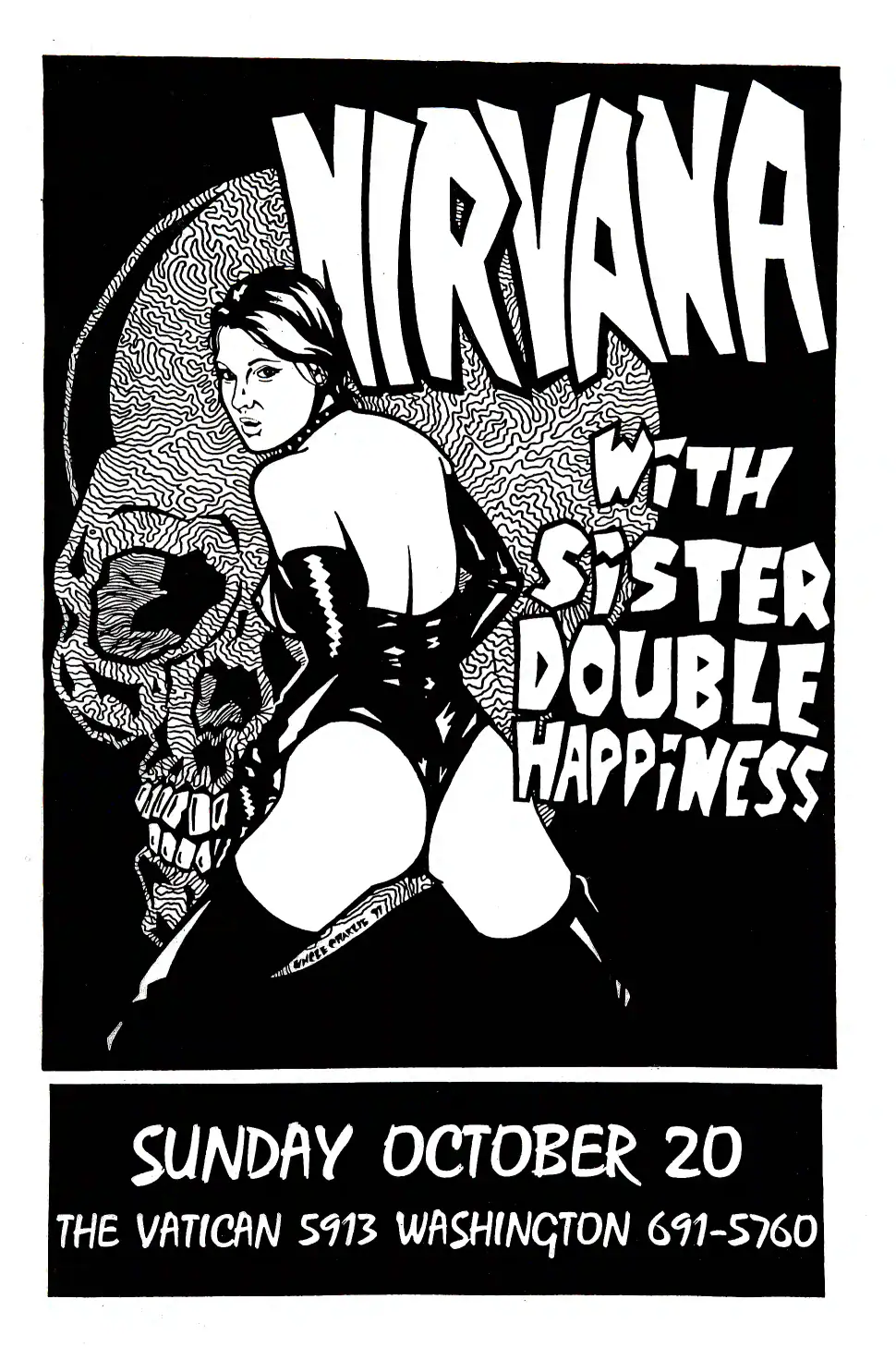 Nirvana, Sister Double Happiness Concert Poster (1991) featuring white, black, and gray vertical artwork.