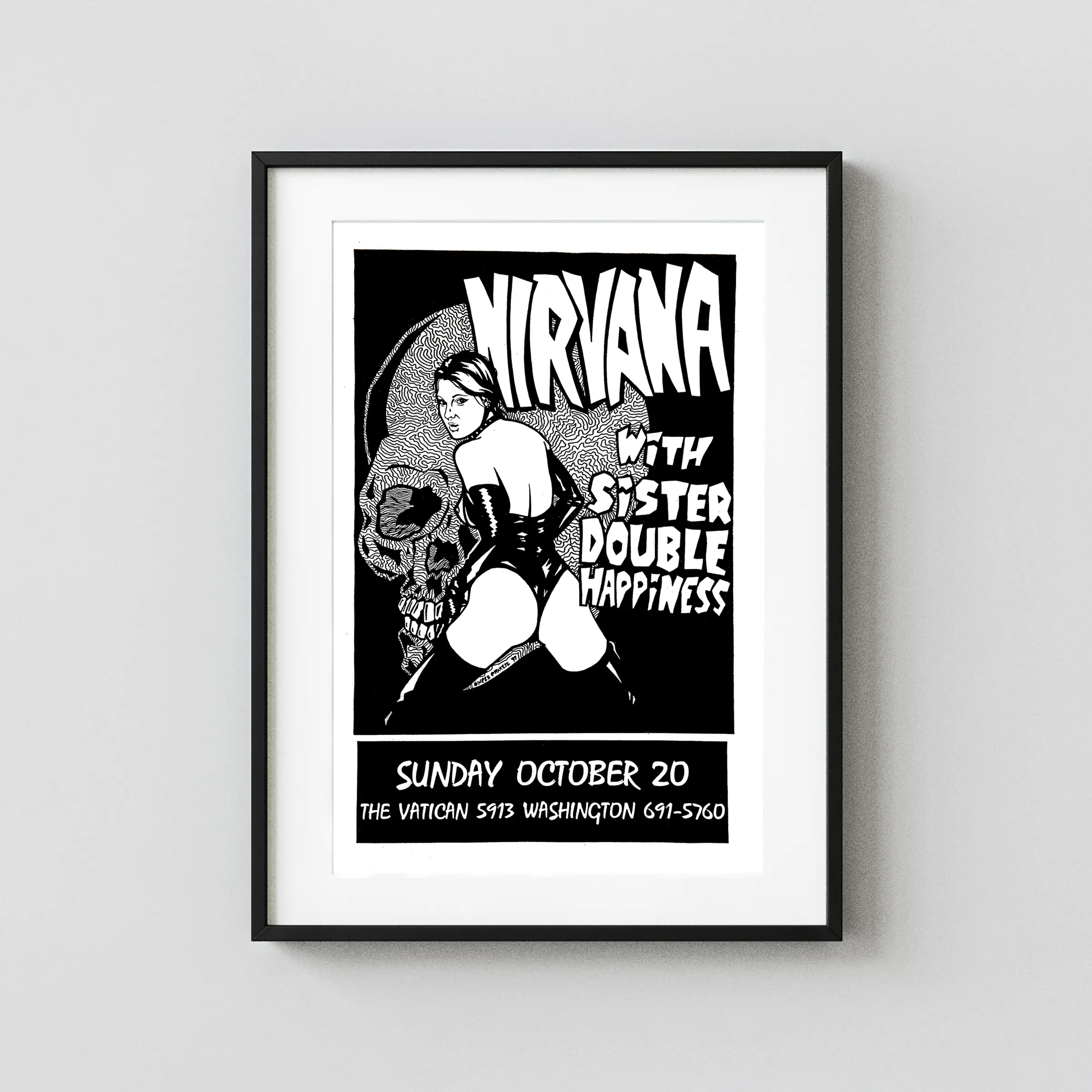 Nirvana, Sister Double Happiness Concert Poster (1991) featuring white, black, and gray vertical artwork.