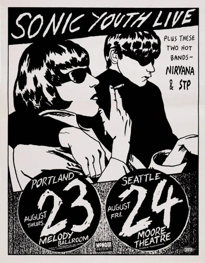 Nirvana, Sonic Youth 14" X 18" Portland and poster with black, light gray, and slate gray artwork and period lettering.