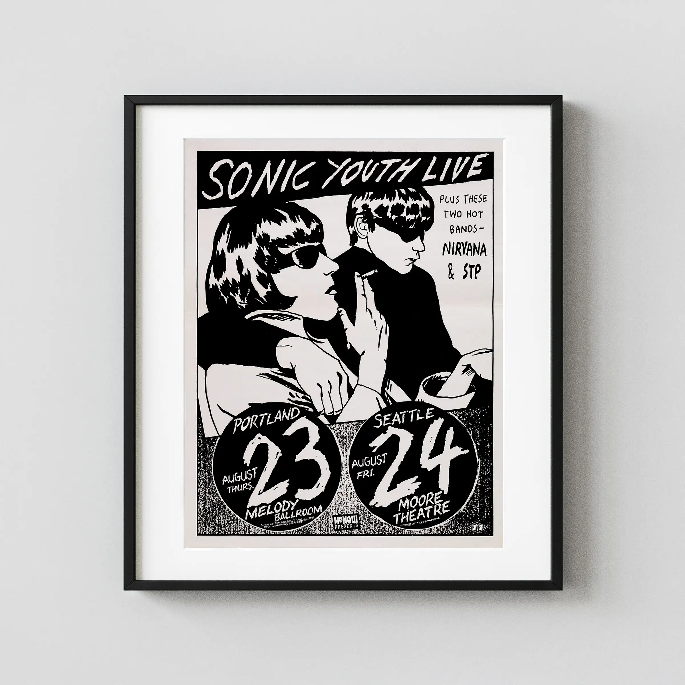Nirvana, Sonic Youth 14" X 18" Portland and poster with black, light gray, and slate gray artwork and period lettering.