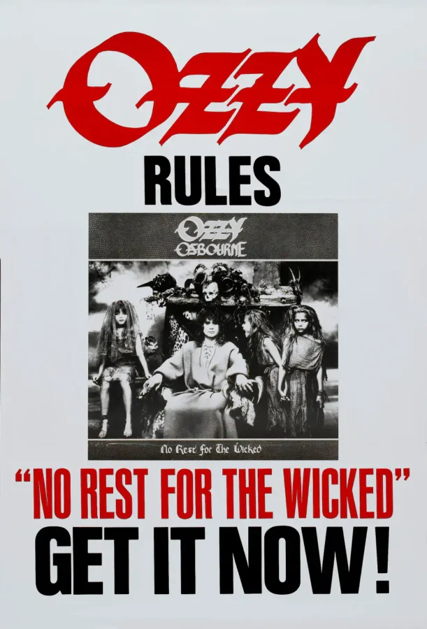 No Rest for the Wicked (Sony, 1988) Music Poster featuring light gray, charcoal, and gray vertical artwork.