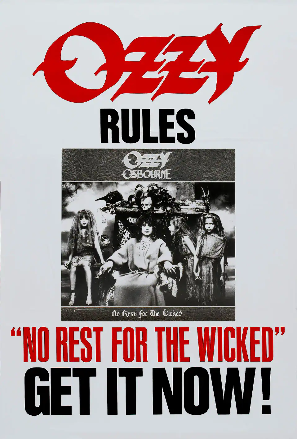 No Rest for the Wicked (Sony, 1988) Music Poster featuring light gray, charcoal, and gray vertical artwork.