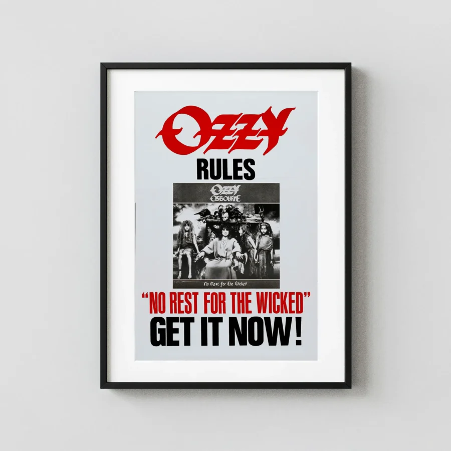 No Rest for the Wicked (Sony, 1988) Music Poster featuring light gray, charcoal, and gray vertical artwork.