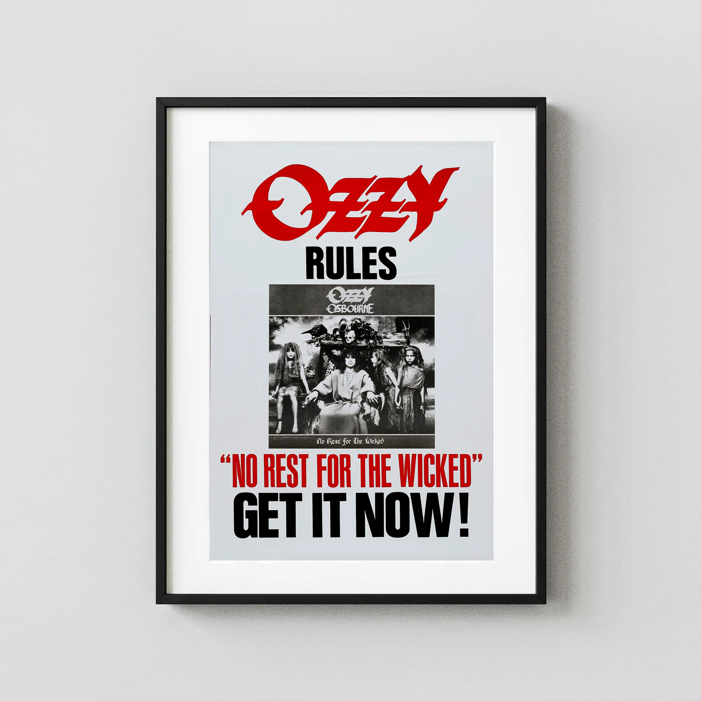 No Rest for the Wicked (Sony, 1988) Music Poster featuring light gray, charcoal, and gray vertical artwork.