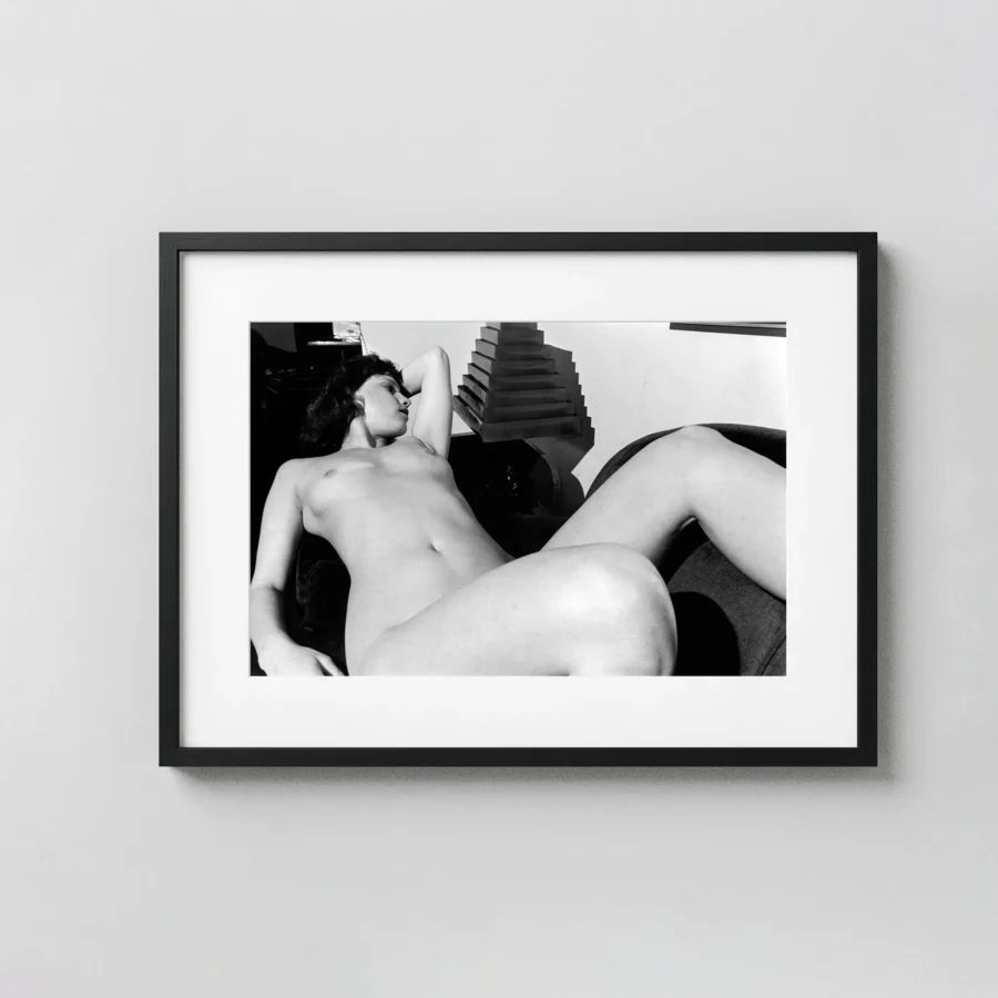 Reclining Nude with Geometric Forms 1982 displayed as a framed wall mockup