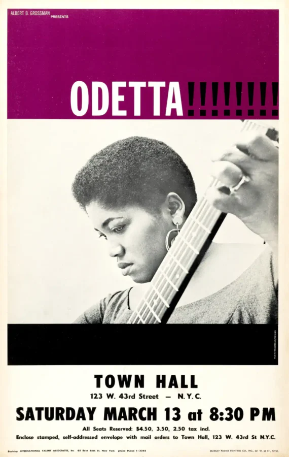 Odetta poster with cream, magenta, and black artwork and period lettering.