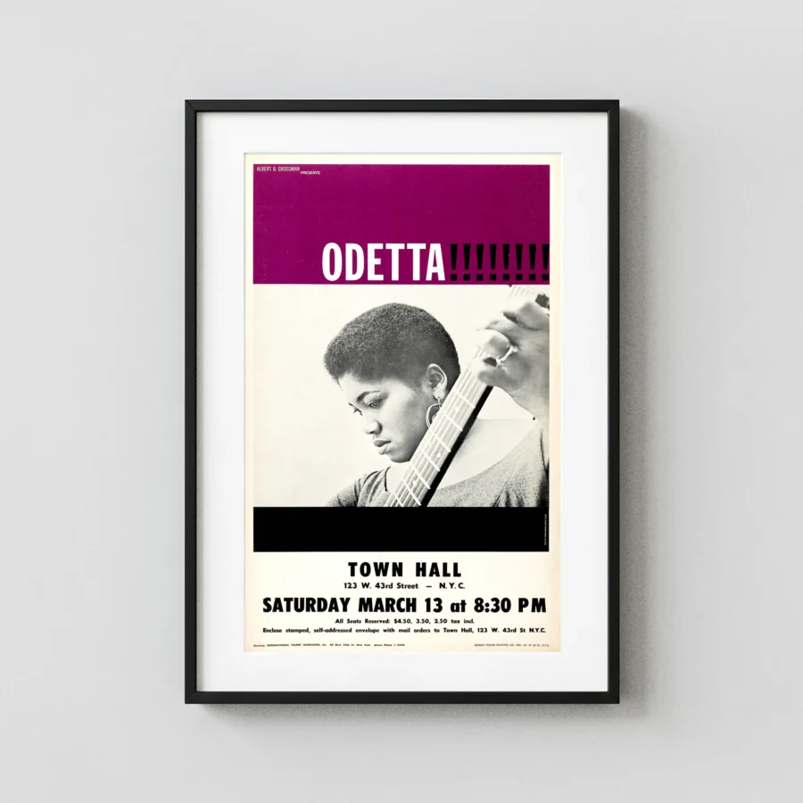 Odetta poster with cream, magenta, and black artwork and period lettering.