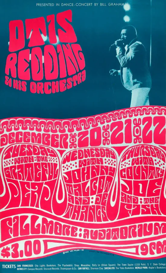Otis Redding, Grateful Dead 1966 Fillmore Concert Poster featuring navy, red, and magenta vertical artwork.