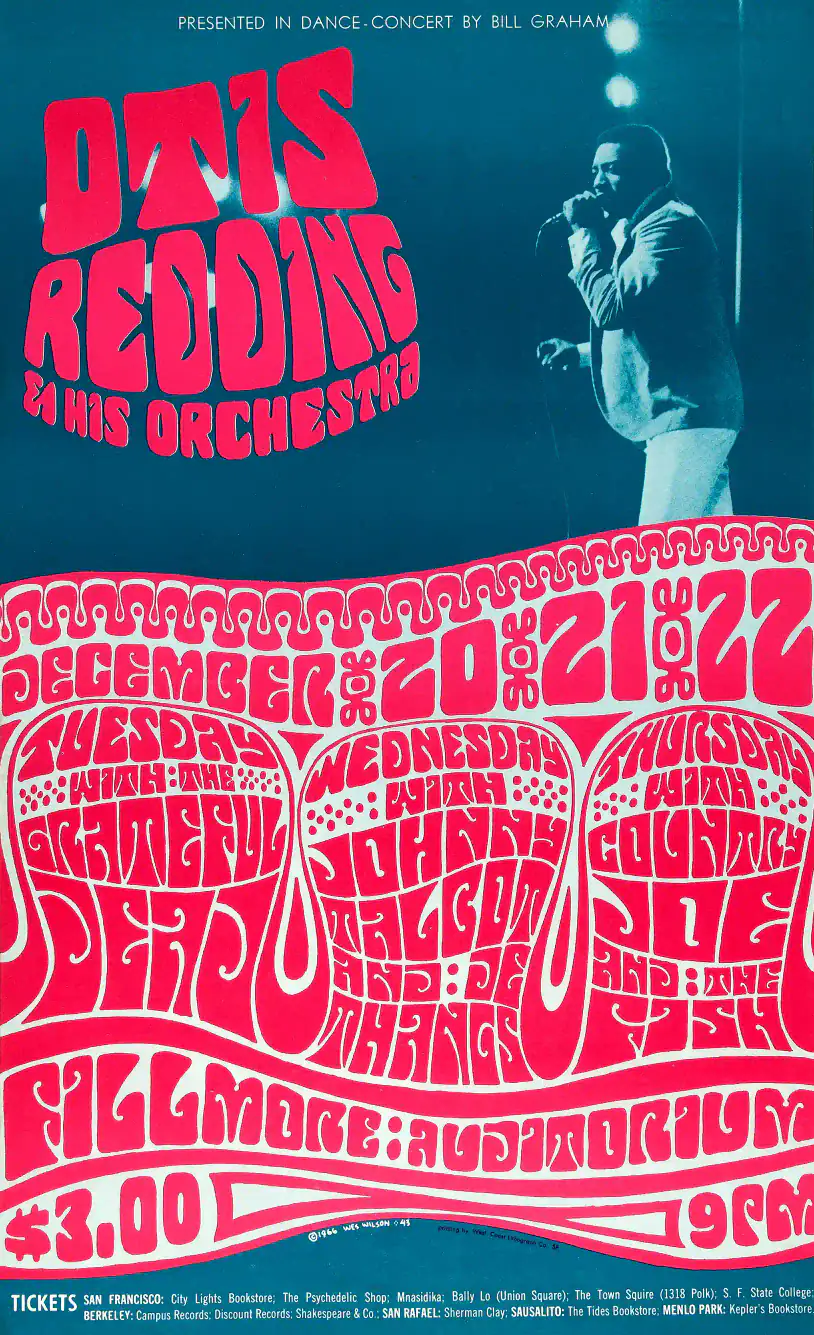 Otis Redding, Grateful Dead 1966 Fillmore Concert Poster featuring navy, red, and magenta vertical artwork.