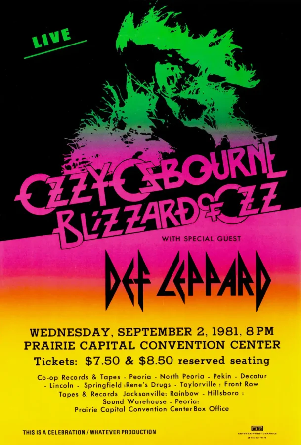 Ozzy Osbourne, Def Leppard 1981 Springfield, IL Concert Poster featuring black, yellow, and white vertical artwork.