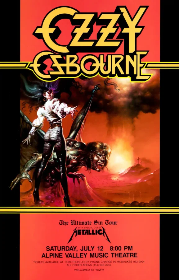 Ozzy Osbourne, Metallica Master of Puppets Era poster with black, red, and white artwork and period lettering.