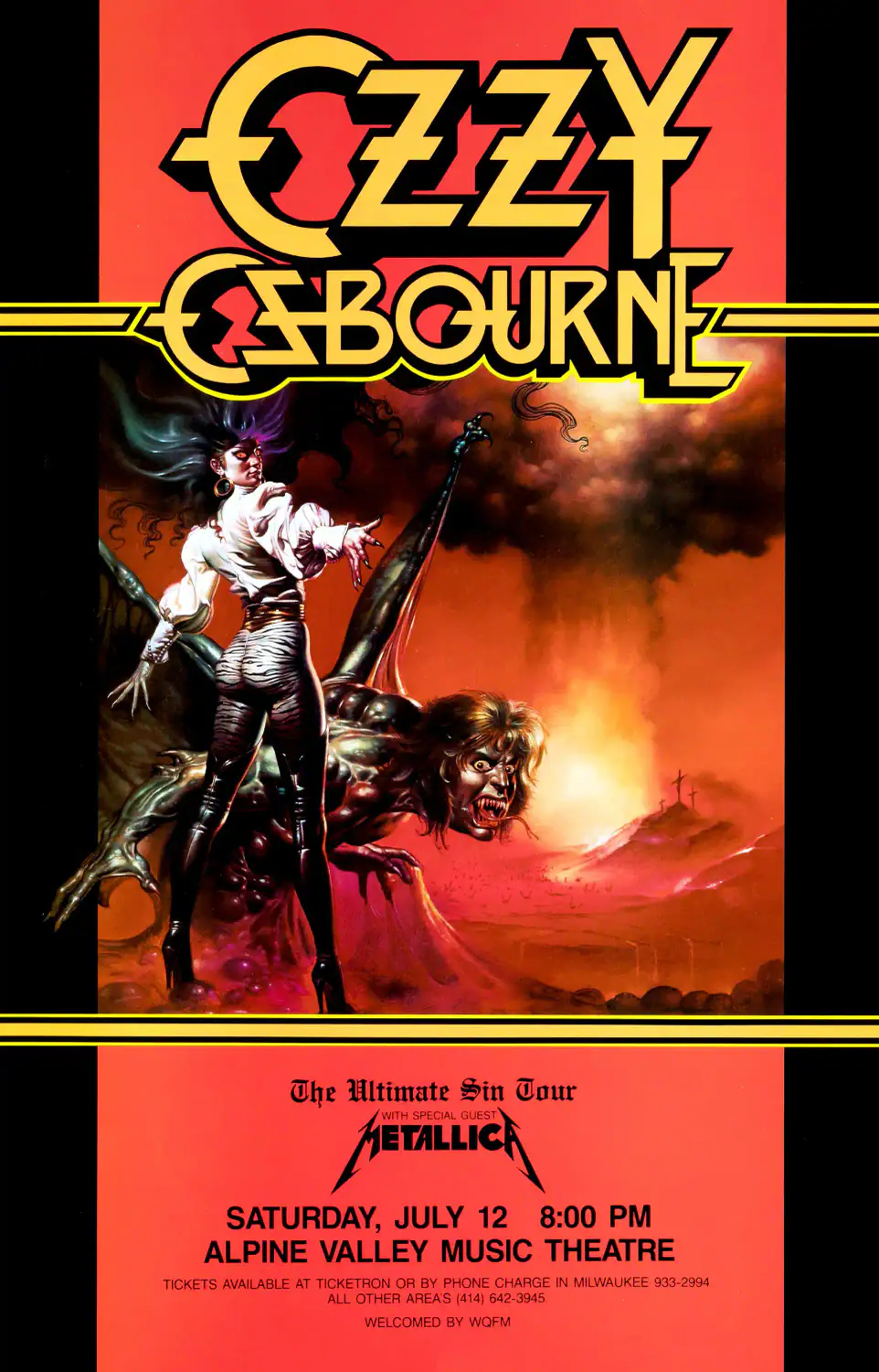 Ozzy Osbourne, Metallica Master of Puppets Era poster with black, red, and white artwork and period lettering.